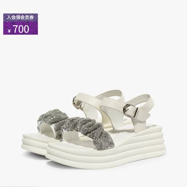 CDF轻奢夏款法式百搭露趾凉鞋女松糕厚底一字带扣带罗马鞋沙滩鞋